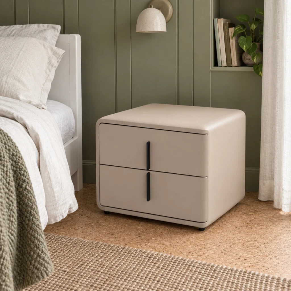 Arlo Bedside Table with Drawer in camel, in a furnished interior