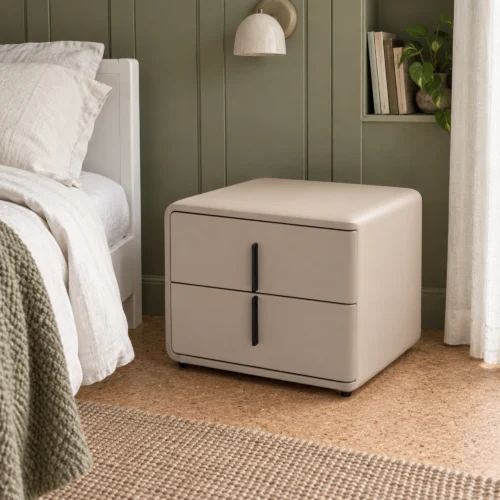 Arlo Bedside Table with Drawer in camel, in a furnished interior