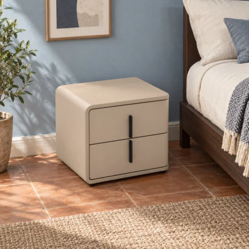Arlo Bedside Table with Drawer in camel, in a furnished interior