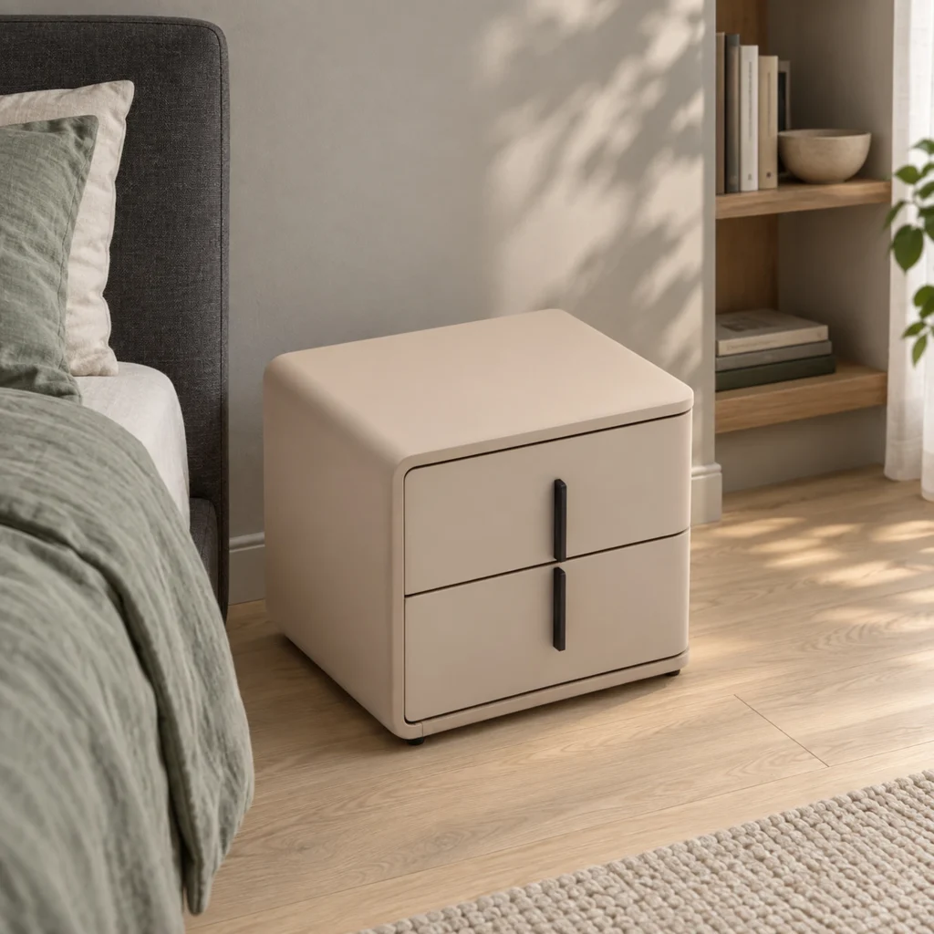 Arlo Bedside Table with Drawer in camel, in a furnished interior