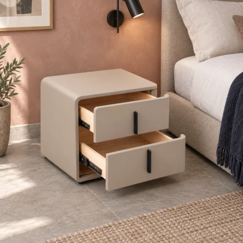 Arlo Bedside Table with Drawer in camel, in a furnished interior, both drawers open