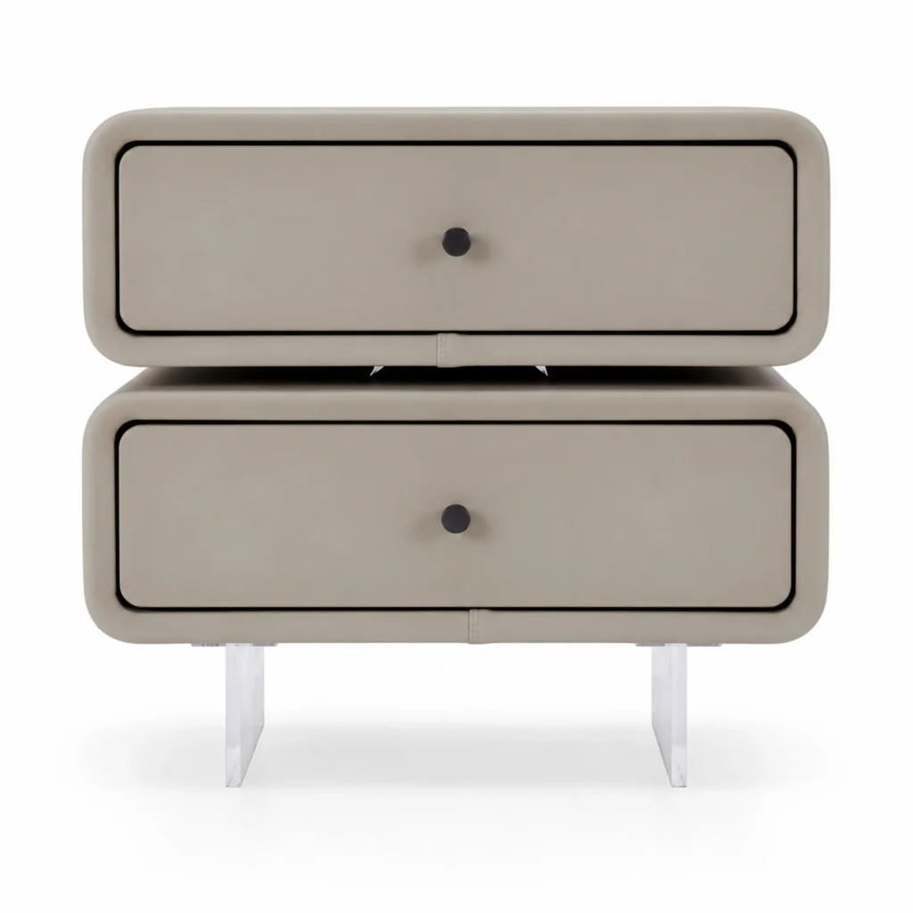 Milo light taupe two-drawer bedside table with acrylic legs, front view on white