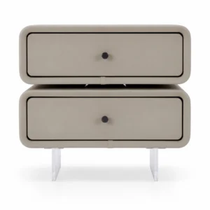 Milo light taupe two-drawer bedside table with acrylic legs, front view on white