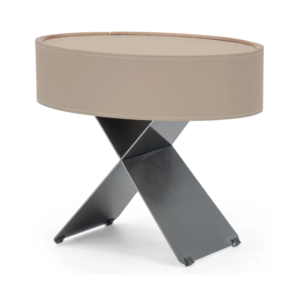 Lune Oval Bedside Table in light taupe, rear view on white