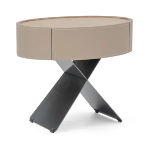 Lune oval bedside table in light taupe with one curved-front drawer and crossed metal base, front view on white