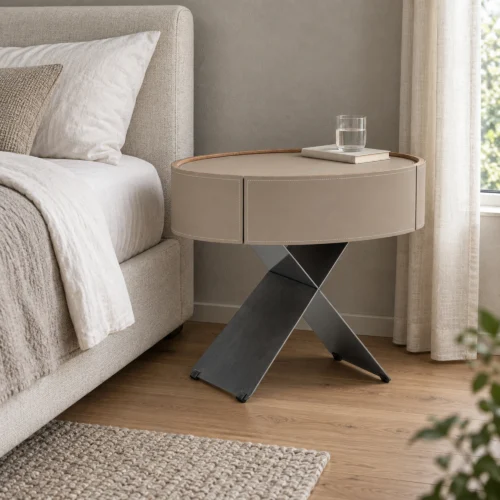 Lune Oval Bedside Table in light taupe, in a furnished interior