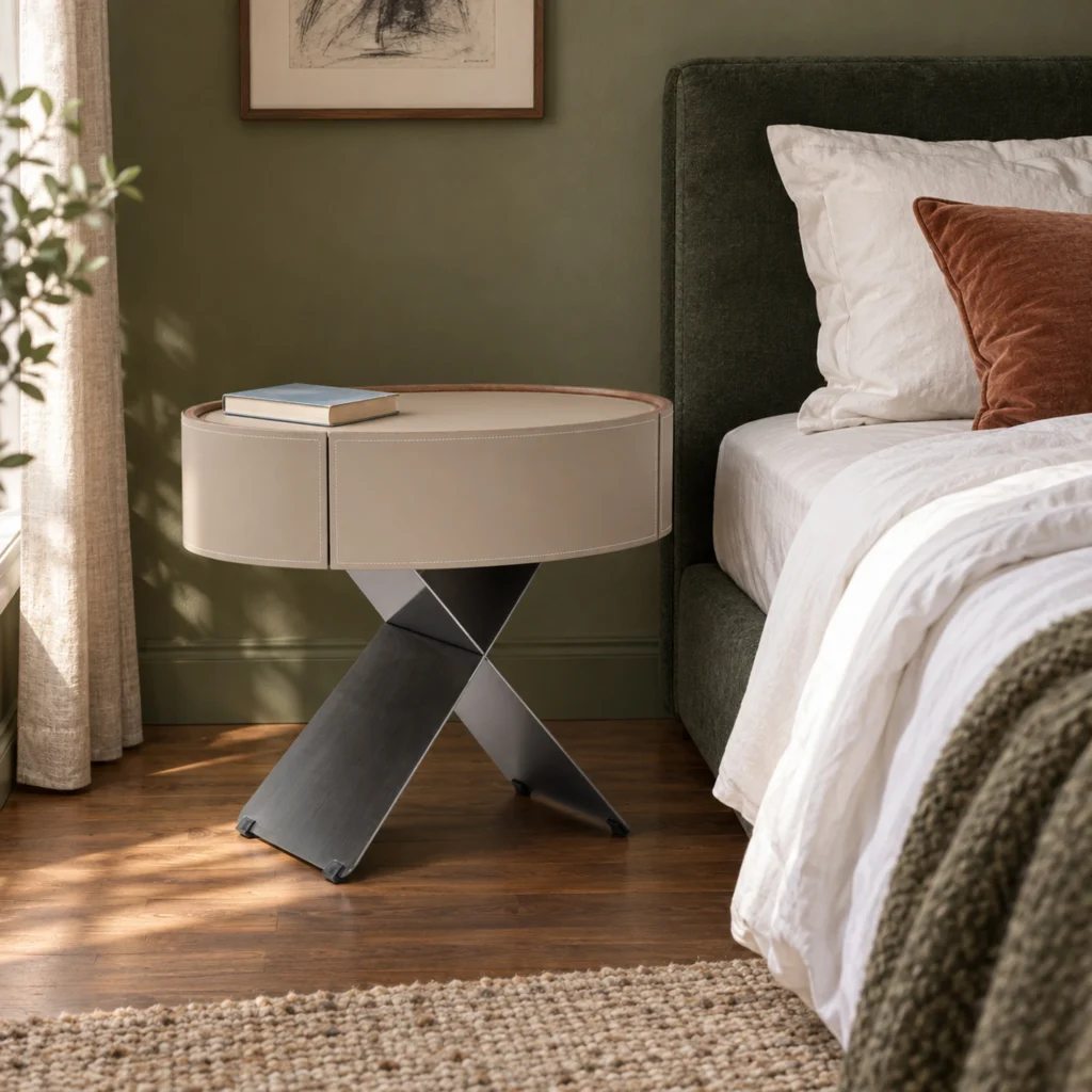 Lune Oval Bedside Table in light taupe, in a furnished interior