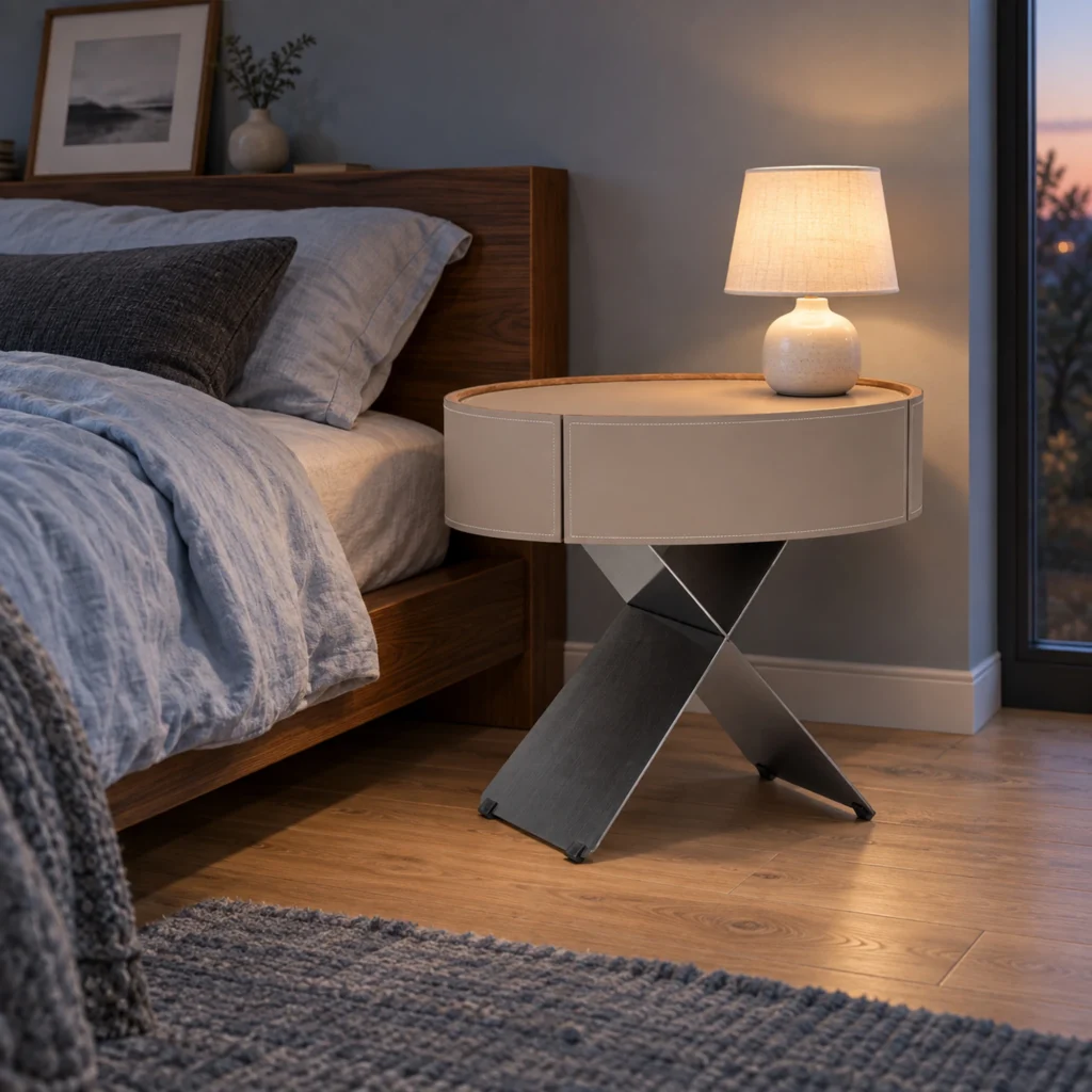 Lune Oval Bedside Table in light taupe, in a furnished interior
