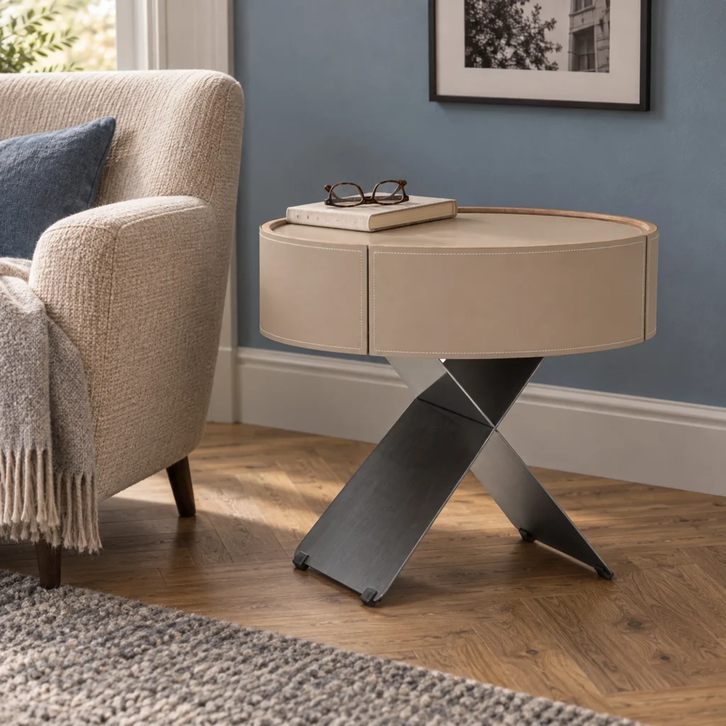 Lune Oval Bedside Table in light taupe, in a furnished interior