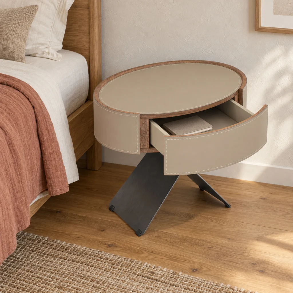 Lune Oval Bedside Table in light taupe, in a furnished interior, drawer open