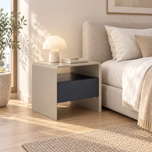 Kairo Two-Tone Bedside Table with Drawer & Open Shelf — in a styled bedroom