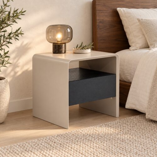 Kairo Two-Tone Bedside Table with Drawer & Open Shelf — in a styled bedroom