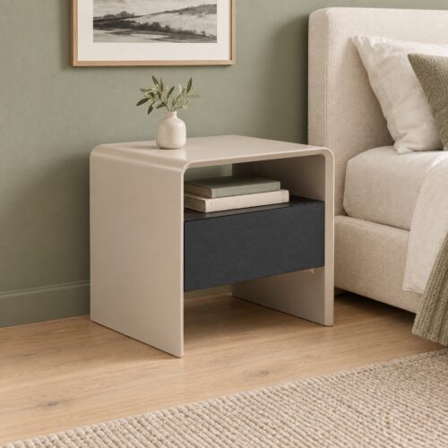 Kairo Two-Tone Bedside Table with Drawer & Open Shelf — in a styled bedroom