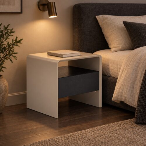 Kairo Two-Tone Bedside Table with Drawer & Open Shelf — in a styled bedroom