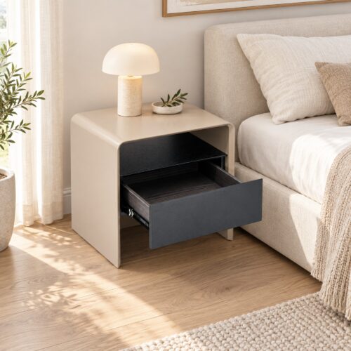 Kairo Two-Tone Bedside Table with Drawer & Open Shelf — in a styled bedroom