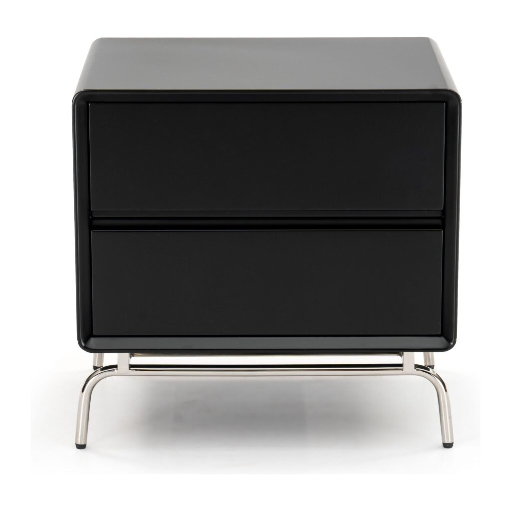 Vero Black 2-Drawer Bedside Table with Metal Base — front studio view
