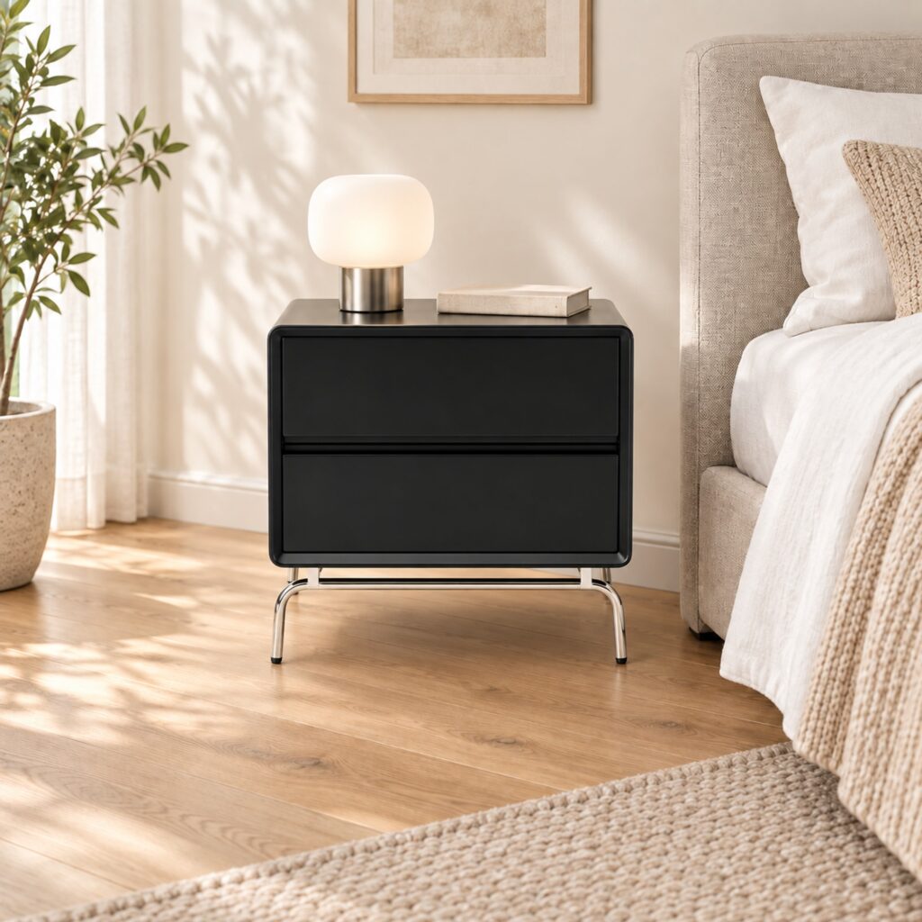 Vero Black 2-Drawer Bedside Table with Metal Base — in a styled bedroom