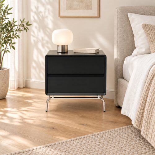 Vero Black 2-Drawer Bedside Table with Metal Base — in a styled bedroom