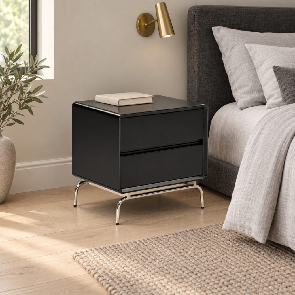 Vero Black 2-Drawer Bedside Table with Metal Base — in a styled bedroom