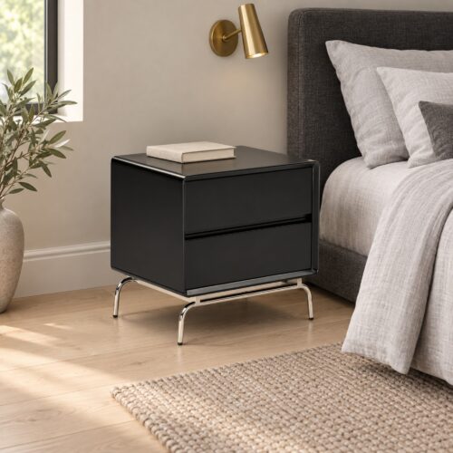 Vero Black 2-Drawer Bedside Table with Metal Base — in a styled bedroom