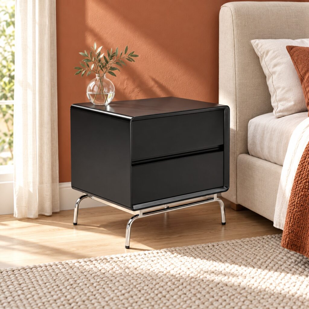Vero Black 2-Drawer Bedside Table with Metal Base — in a styled bedroom