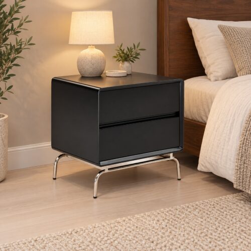 Vero Black 2-Drawer Bedside Table with Metal Base — in a styled bedroom