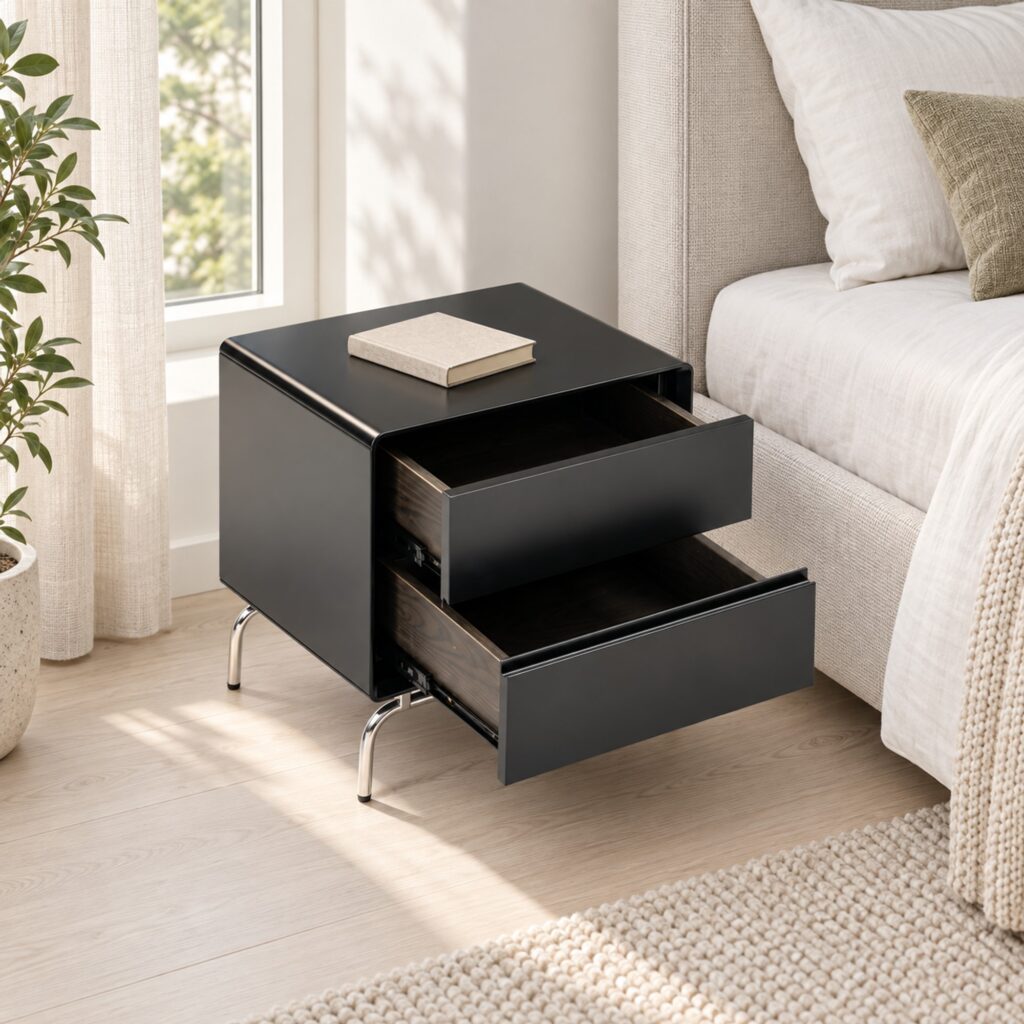 Vero Black 2-Drawer Bedside Table with Metal Base — in a styled bedroom