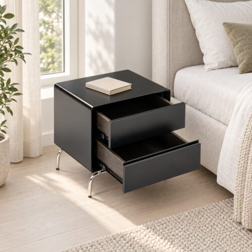 Vero Black 2-Drawer Bedside Table with Metal Base — in a styled bedroom