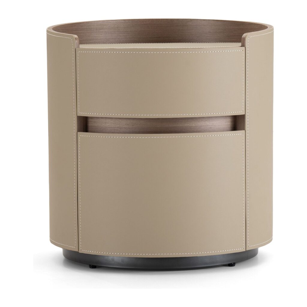 Nova Round Saddle Leather 2-Drawer Bedside Table — front studio view