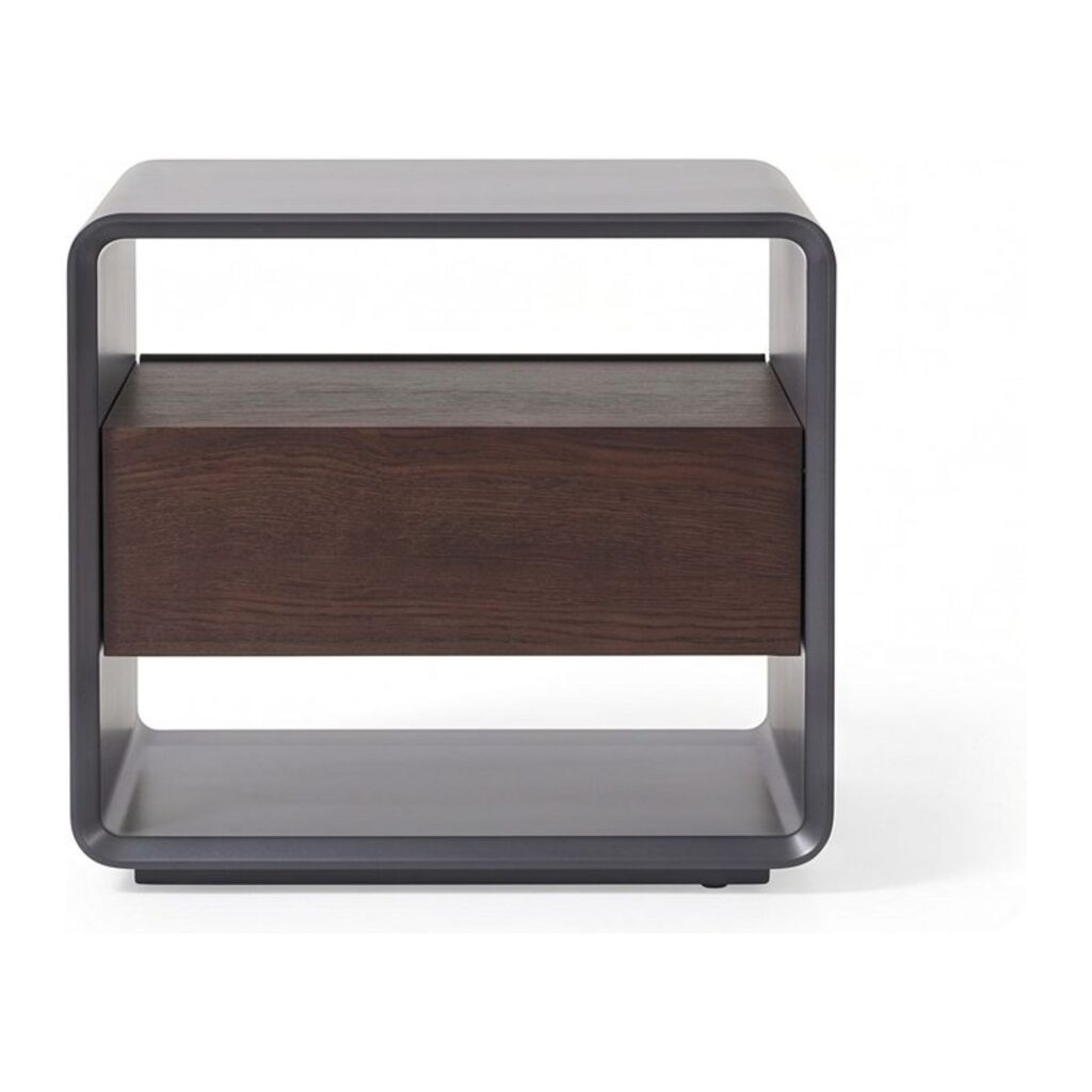 Corbett Curved-Frame Wood Veneer Bedside Table — front studio view