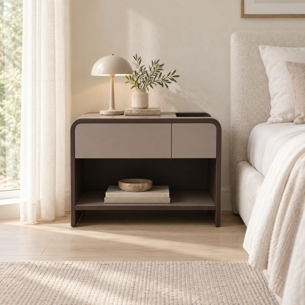Dunley Saddle Leather Bedside Table with Open Storage — in a styled bedroom