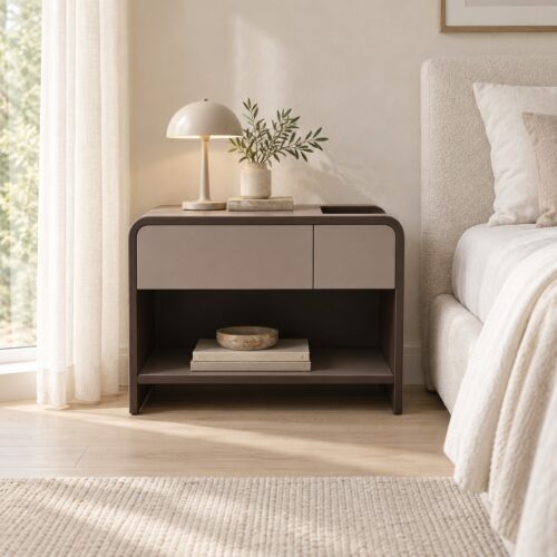 Dunley Saddle Leather Bedside Table with Open Storage — in a styled bedroom