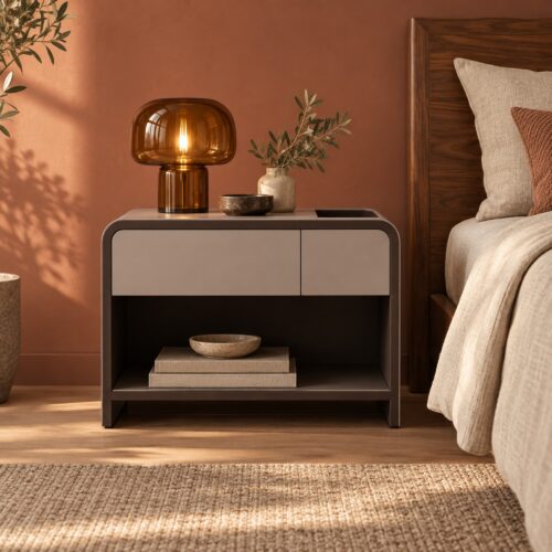 Dunley Saddle Leather Bedside Table with Open Storage — in a styled bedroom
