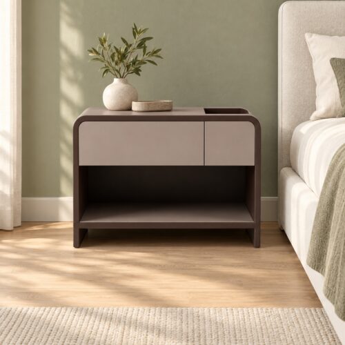 Dunley Saddle Leather Bedside Table with Open Storage — in a styled bedroom