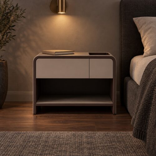 Dunley Saddle Leather Bedside Table with Open Storage — in a styled bedroom