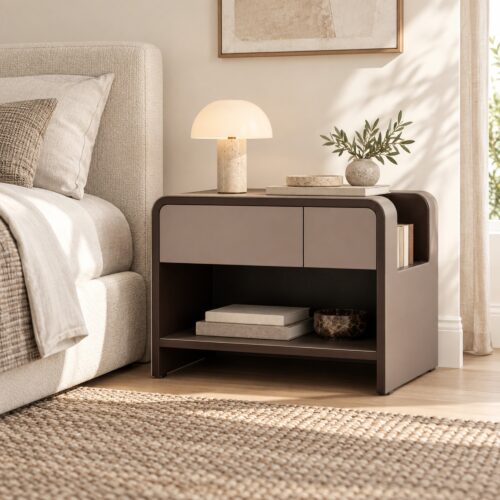 Dunley Saddle Leather Bedside Table with Open Storage — in a styled bedroom