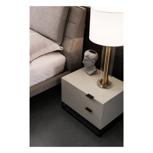 Noren Grey Two-Drawer Bedside Table with Black Metal Base — supplier bedside room view showing the top and drawers