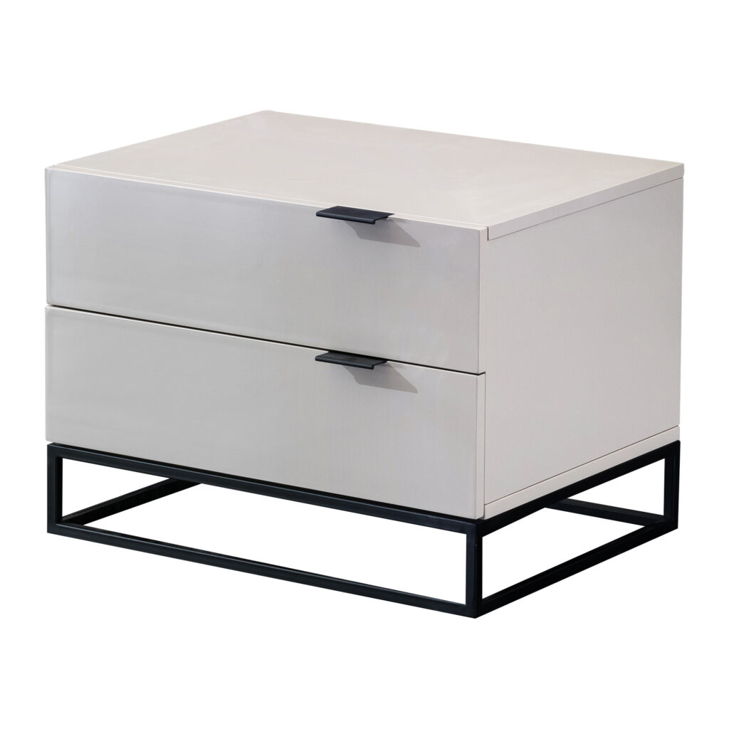 Noren Grey Two-Drawer Bedside Table with Black Metal Base — supplier studio view showing the complete product
