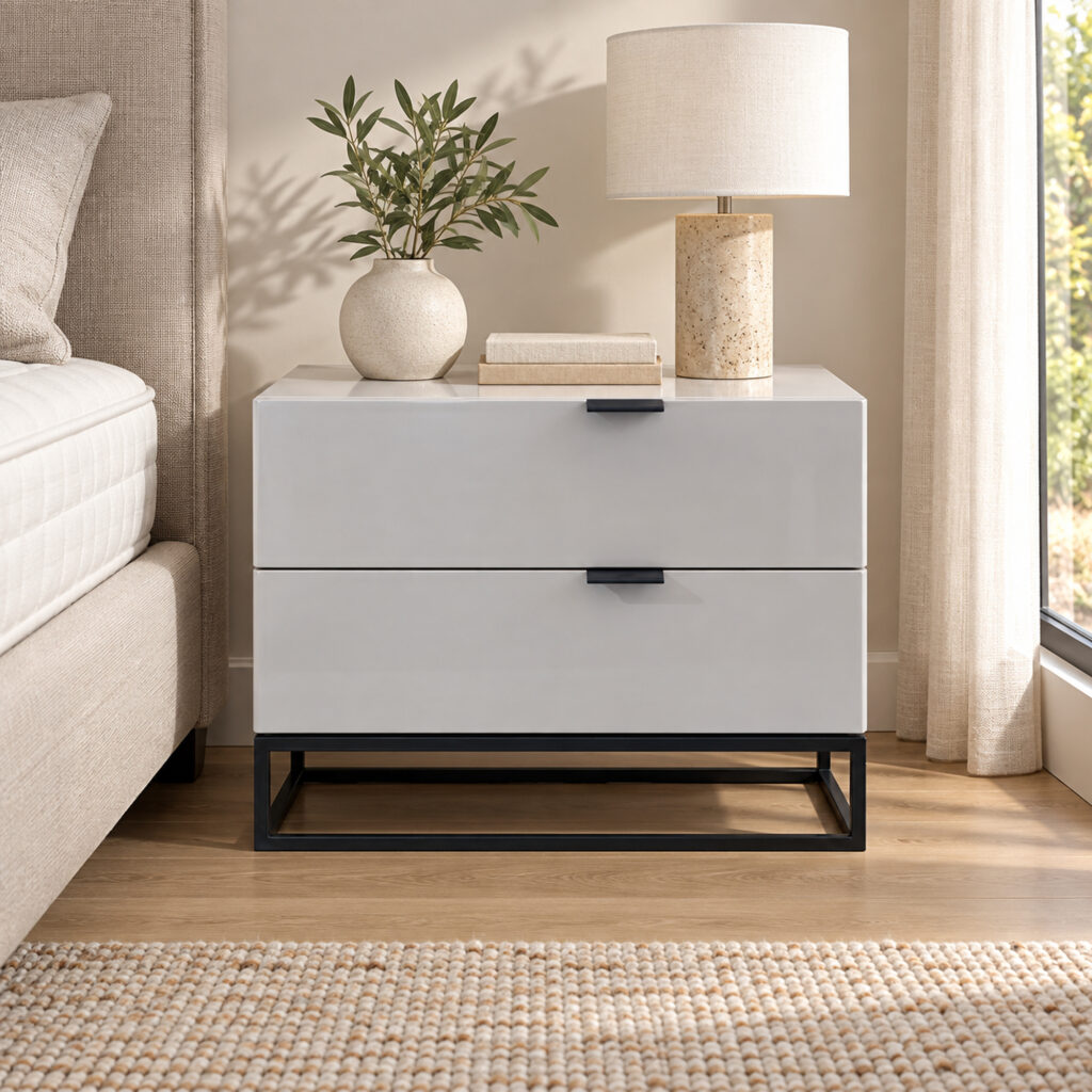 Noren Grey Two-Drawer Bedside Table with Black Metal Base — front view beside a bed