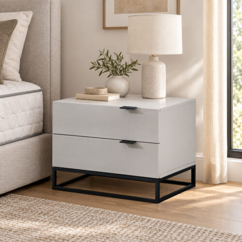 Noren Grey Two-Drawer Bedside Table with Black Metal Base — angled bedside view with a lamp