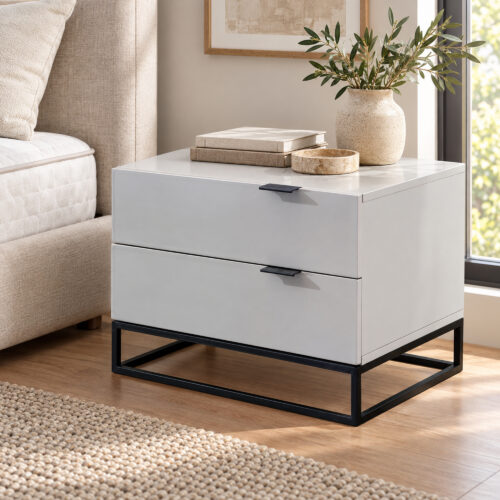 Noren Grey Two-Drawer Bedside Table with Black Metal Base — alternate bedside view showing both drawers