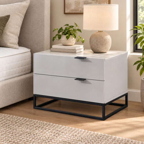 Noren Grey Two-Drawer Bedside Table with Black Metal Base — elevated bedside view showing the top