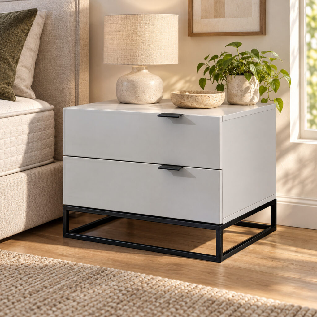 Noren Grey Two-Drawer Bedside Table with Black Metal Base — closer bedside view showing drawer fronts and base