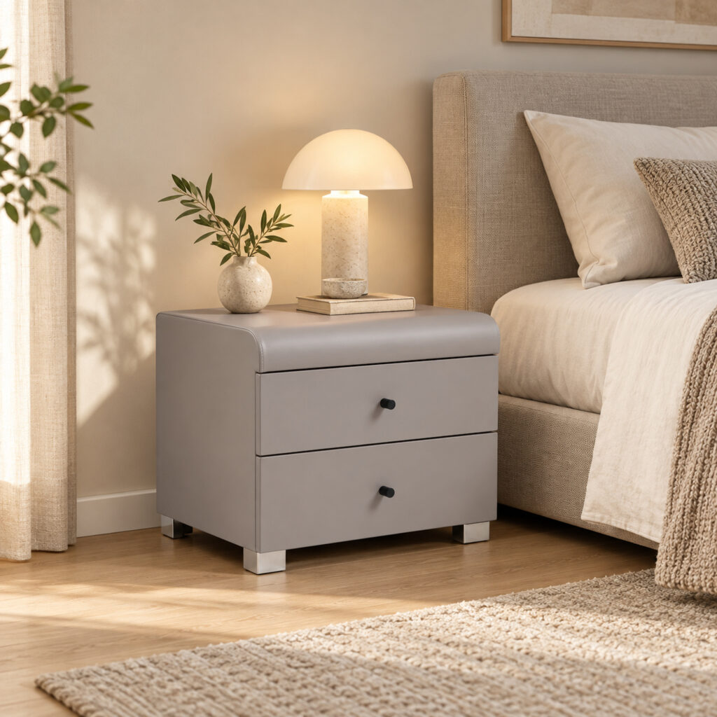Cove Grey Two-Drawer Bedside Table — angled bedside view with a lamp