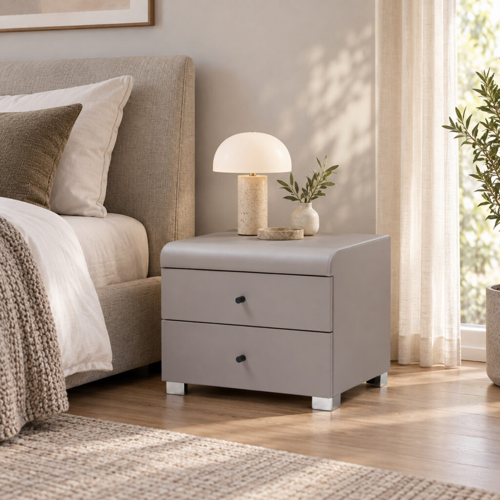 Cove Grey Two-Drawer Bedside Table — alternate bedside view showing both drawers