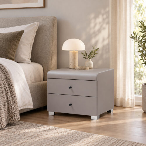 Cove Grey Two-Drawer Bedside Table — alternate bedside view showing both drawers