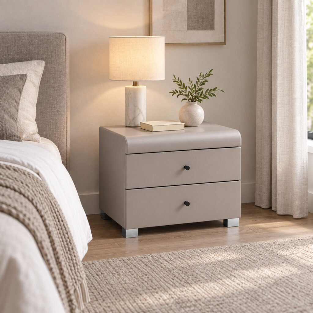 Cove Grey Two-Drawer Bedside Table — elevated bedside view showing the top