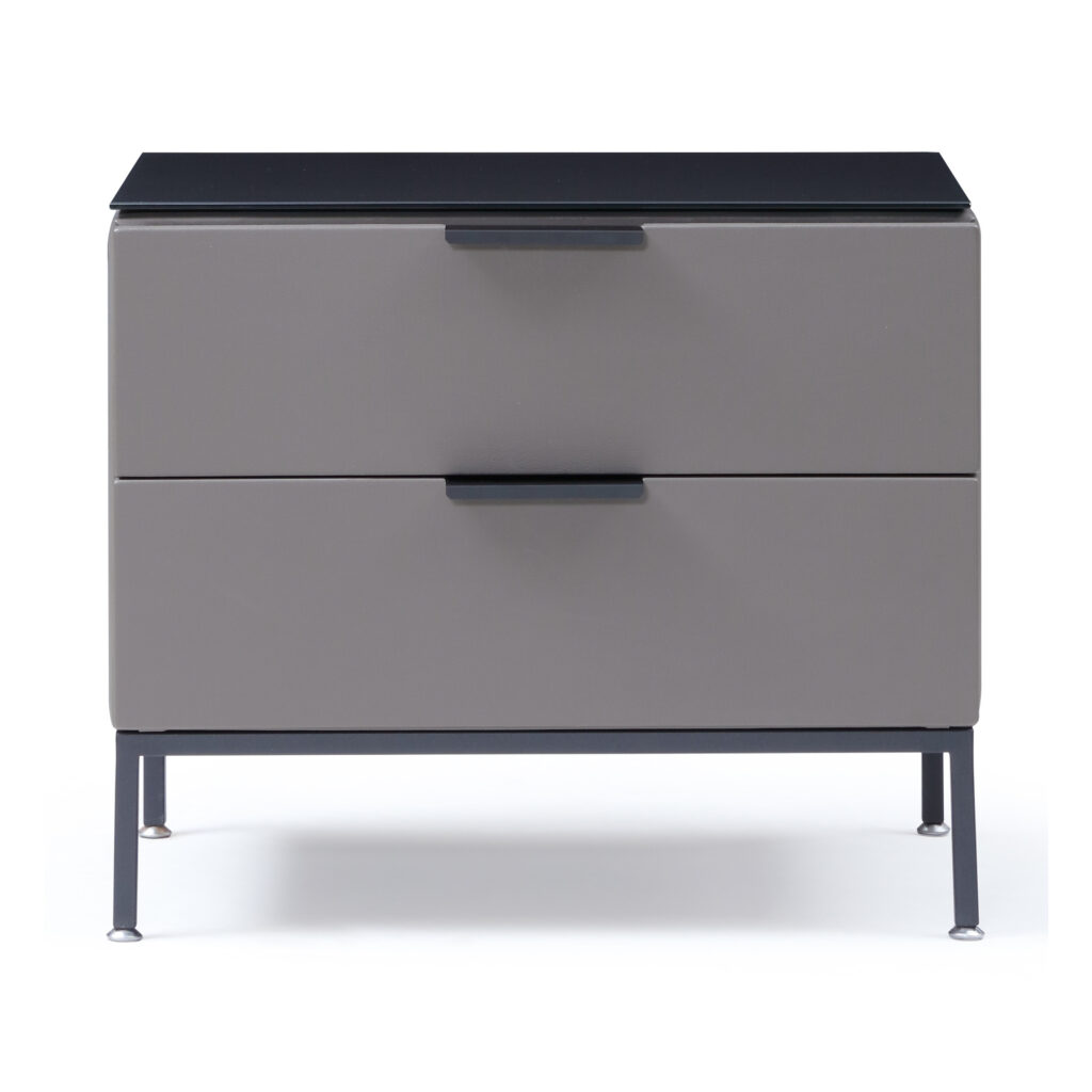 Ridge Grey Glass-Top Two-Drawer Bedside Table — supplier studio view showing the complete product