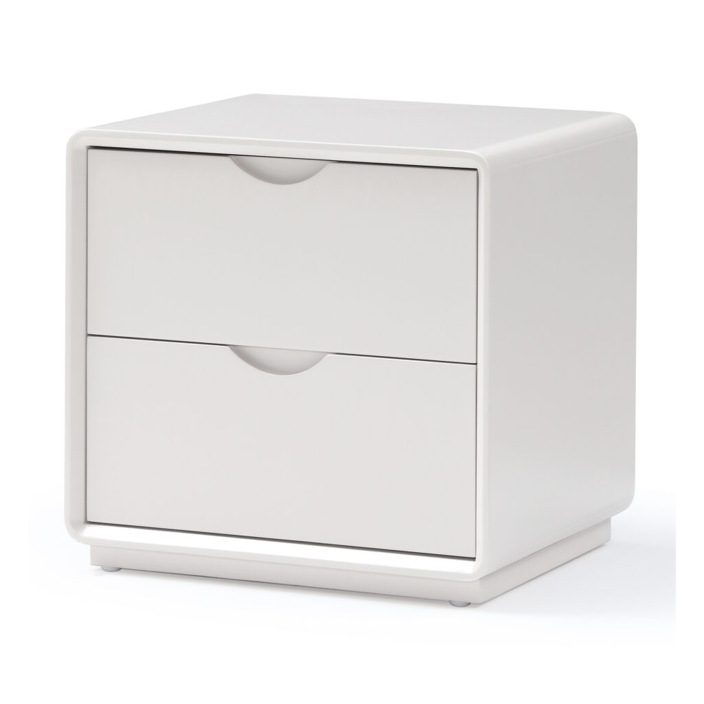 Arc White Two-Drawer Bedside Table with Recessed Pulls — alternate supplier view showing the top and base