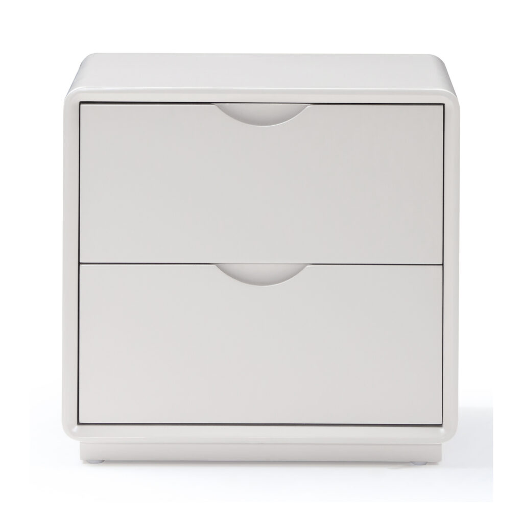 Arc White Two-Drawer Bedside Table with Recessed Pulls — supplier studio view showing the complete product
